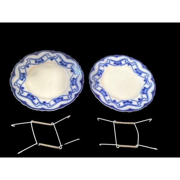 2 Antique Stanley Pottery Flow Blue Paris 9" Plates + Plate hangers New Wharf - Picture 2 of 16